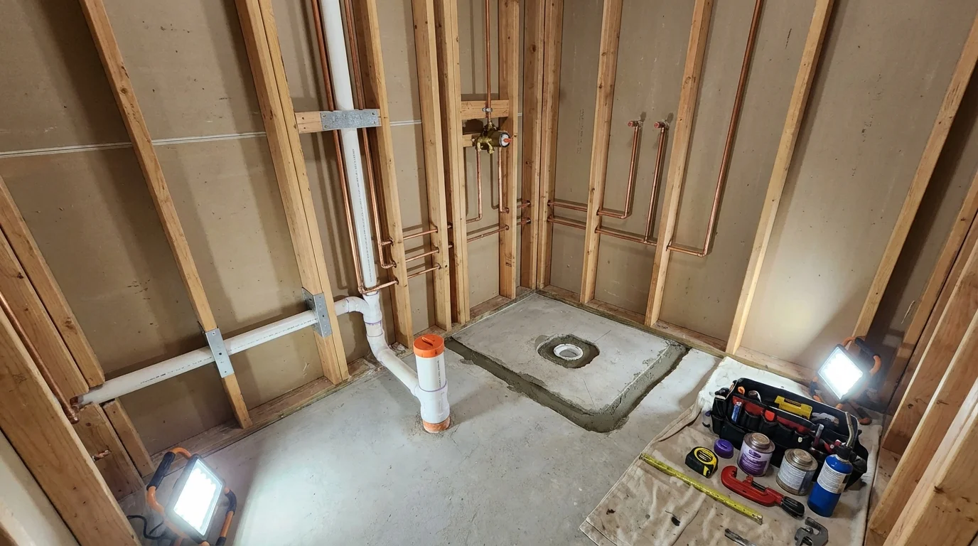 Bathroom rough-in plumbing during remodel by Johns Plumbing LLC in Yankton
