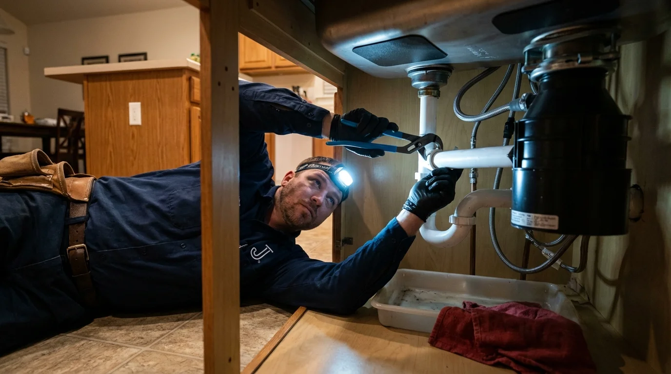 P-trap and supply line connections under a kitchen sink showing a common leak point in Yankton, SD